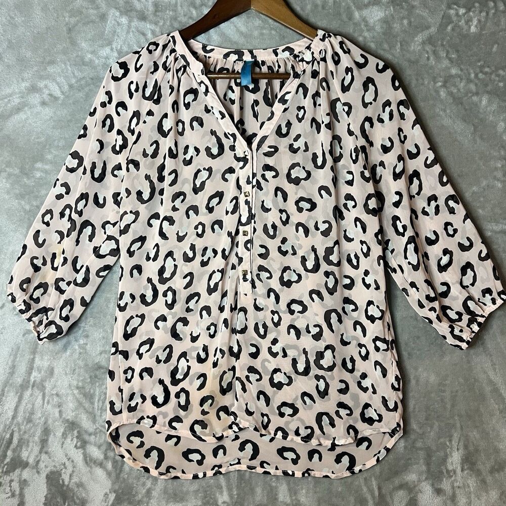 Pink Leopard Print Sheer Quarter Sleeve Button Up Women’s Blouse Size Small